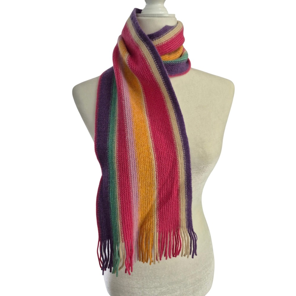 Robert Mackie of Scotland 100% Wool Multicolor Striped Knit Fringe Scarf 59x8